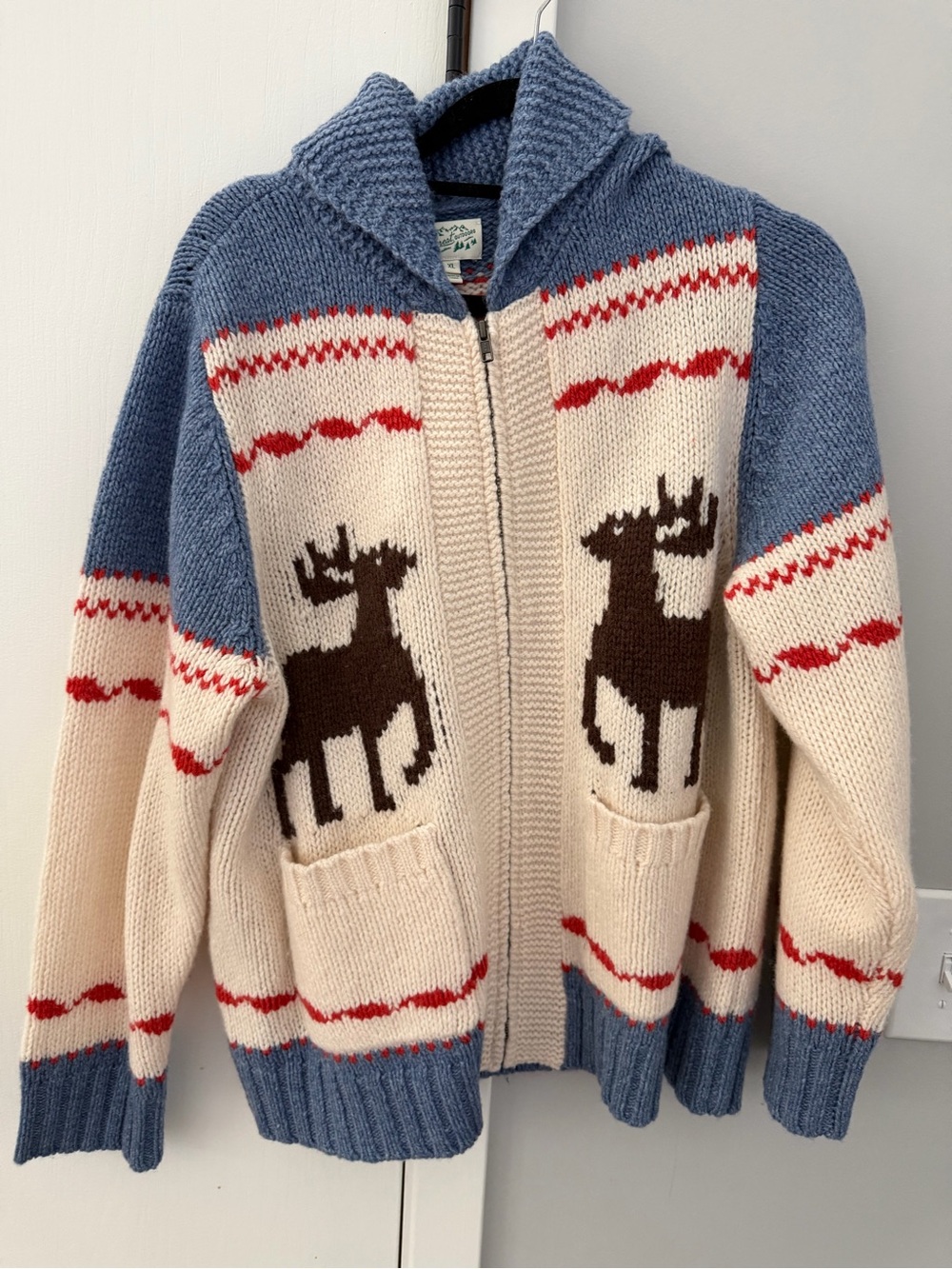 The Great Outdoors Knit Cowichan Cardigan - Blue, Red & Cream